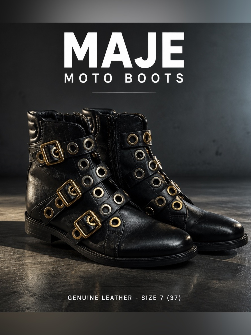 Maje Black Leather Moto Boots with Gold-Tone Buckles